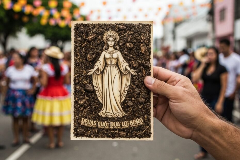 Mão segurando a carta do Pendurado do tarô com fundo de Carnaval desfocado.