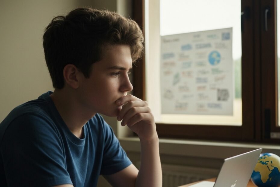 Jovem refletindo sobre a escolha profissional diante de um computador.