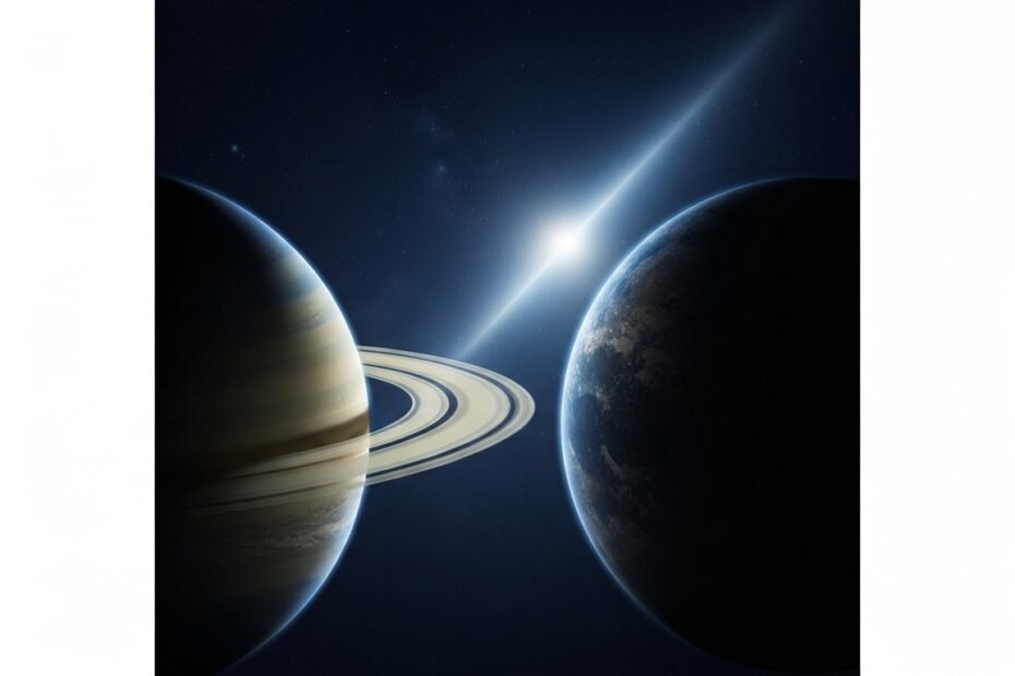 Ilustração cósmica da conjunção dos planetas Saturno e Netuno no espaço, prenunciando uma nova era astrológica.