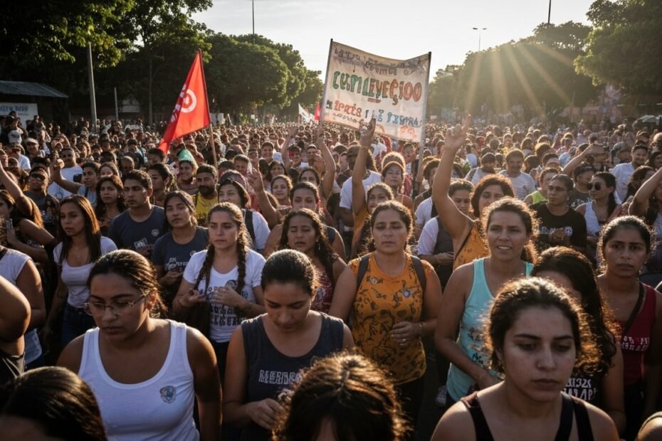 Eclipse solar sobre um desfile de Carnaval com temática política e social.