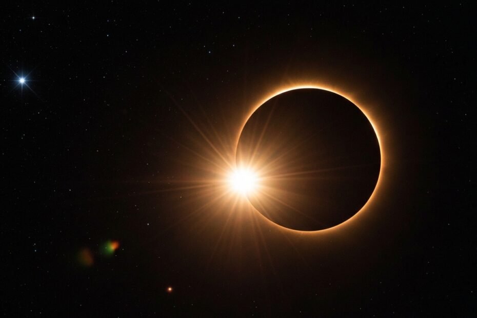 Eclipse solar parcial em Aquário com raios de luz e constelações sutis.