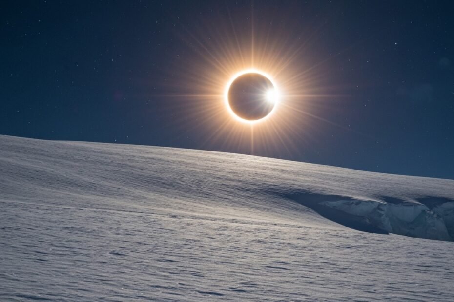 Eclipse solar anular com efeito 'Anel de Fogo' visível sobre a paisagem desolada da Antártida.