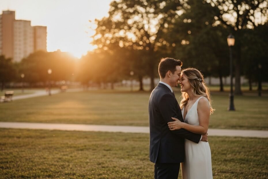 Casal apaixonado aproveitando o pôr do sol em um parque urbano em fevereiro.