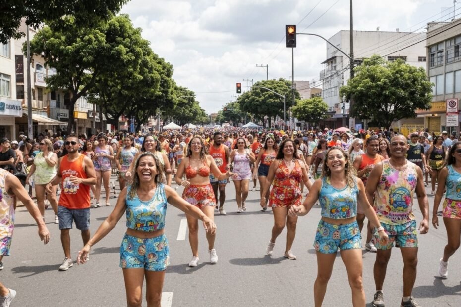 Pessoas celebrando em um bloco de Carnaval de rua com confetes e sorrisos.