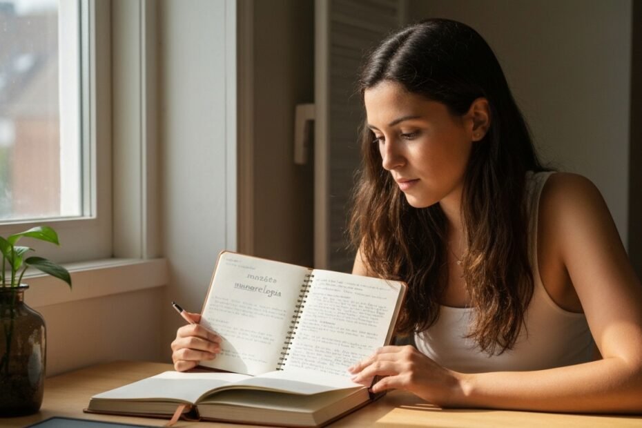 Mulher pensativa analisando anotações de numerologia para descobrir sua missão de vida.