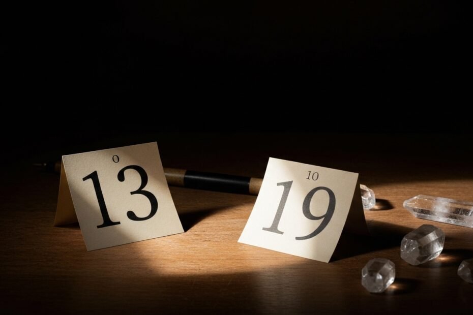 Cartões com os números 13 e 19 sobre uma mesa rústica, com elementos de astrologia e numerologia.