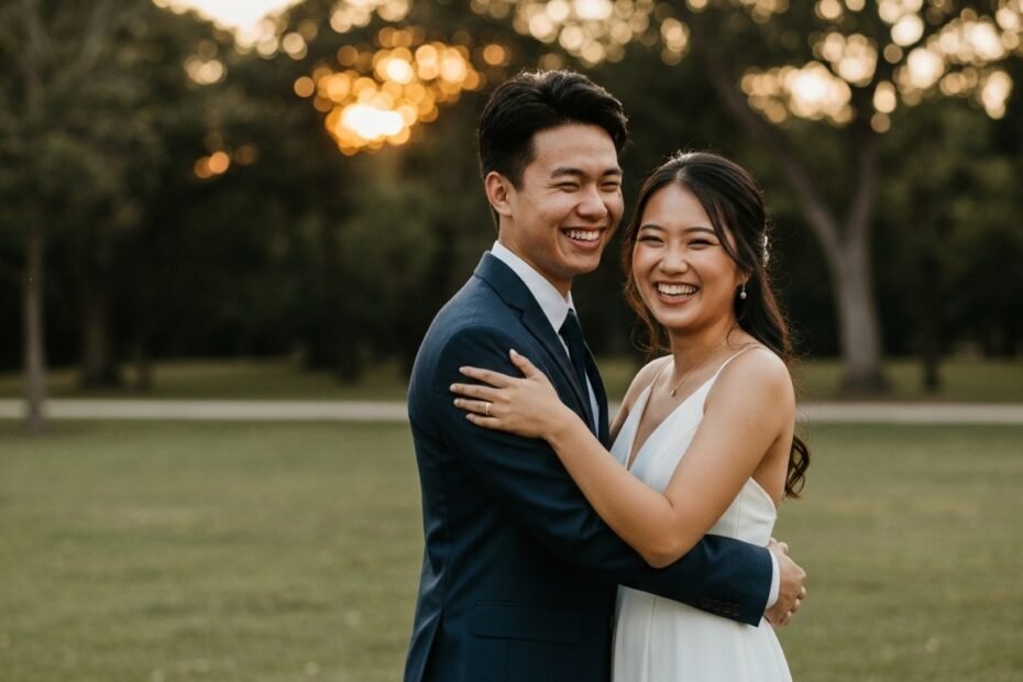 Casal sorrindo e interagindo em um parque, representando o amor intenso e inesperado.