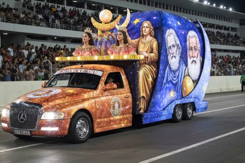 Carro alegórico da Rosas de Ouro representando Da Vinci e Galileu com tema astrológico no Carnaval de São Paulo.