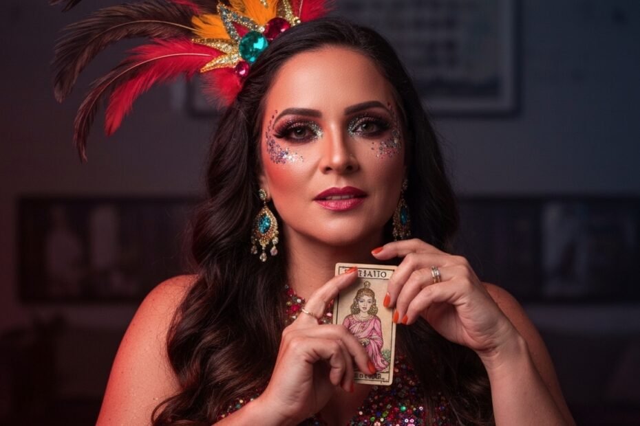 Mulher confiante com maquiagem de Carnaval e elementos místicos, simbolizando a Sexta-feira 13 e a transição.