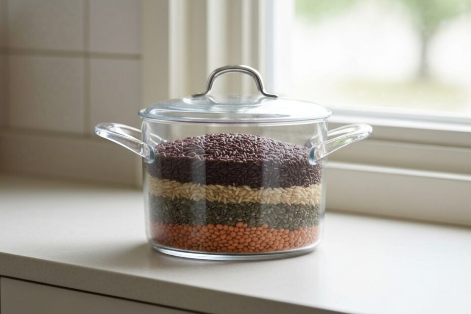 Pote de vidro transparente com camadas de grãos variados para a simpatia da prosperidade