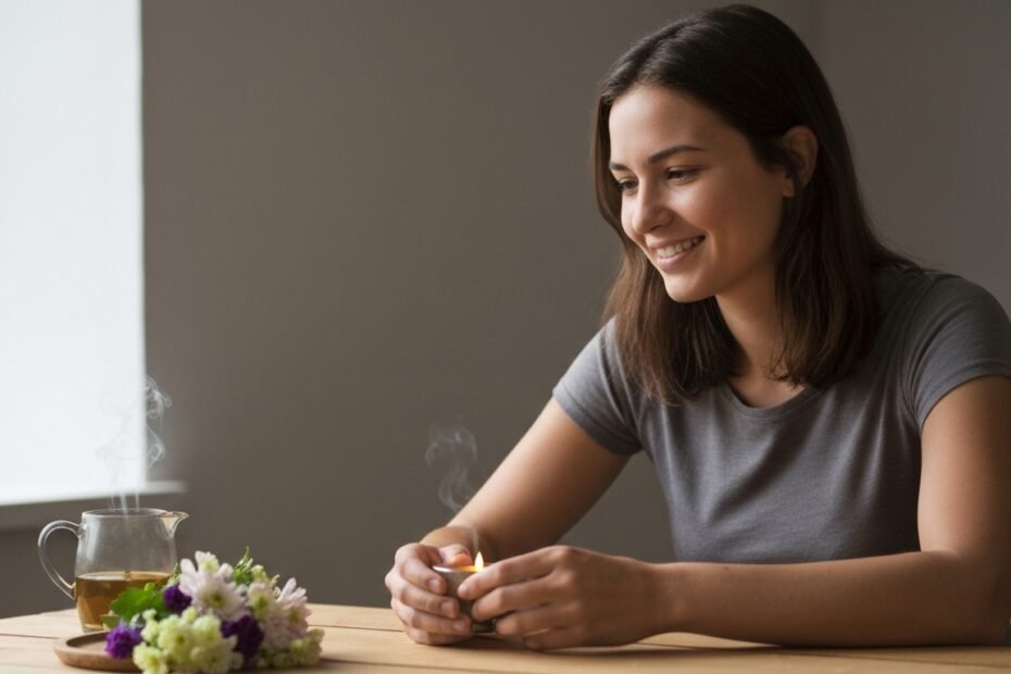 Mulher acendendo uma vela com um sorriso esperançoso, simbolizando sorte e novas energias para o início da semana.