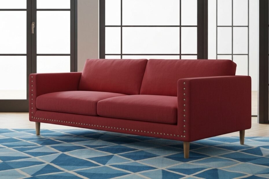 Sala de estar moderna com poltrona vermelha de destaque e elementos decorativos em tons neutros.