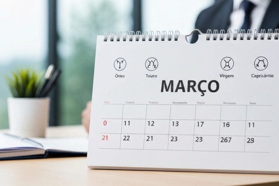 Calendário destacando o mês de março com símbolos astrológicos de prosperidade financeira